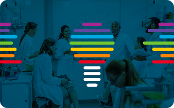 Scientists in lab coats talking, overlaid by a colorful lightbulb graphic.