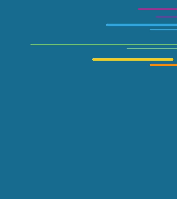 Blue background with colorful horizontal lines in the lower right corner.