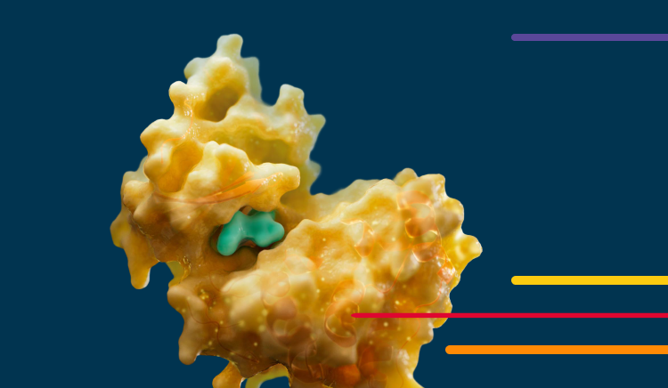 Yellow and green molecular structure on a blue background with colored lines.