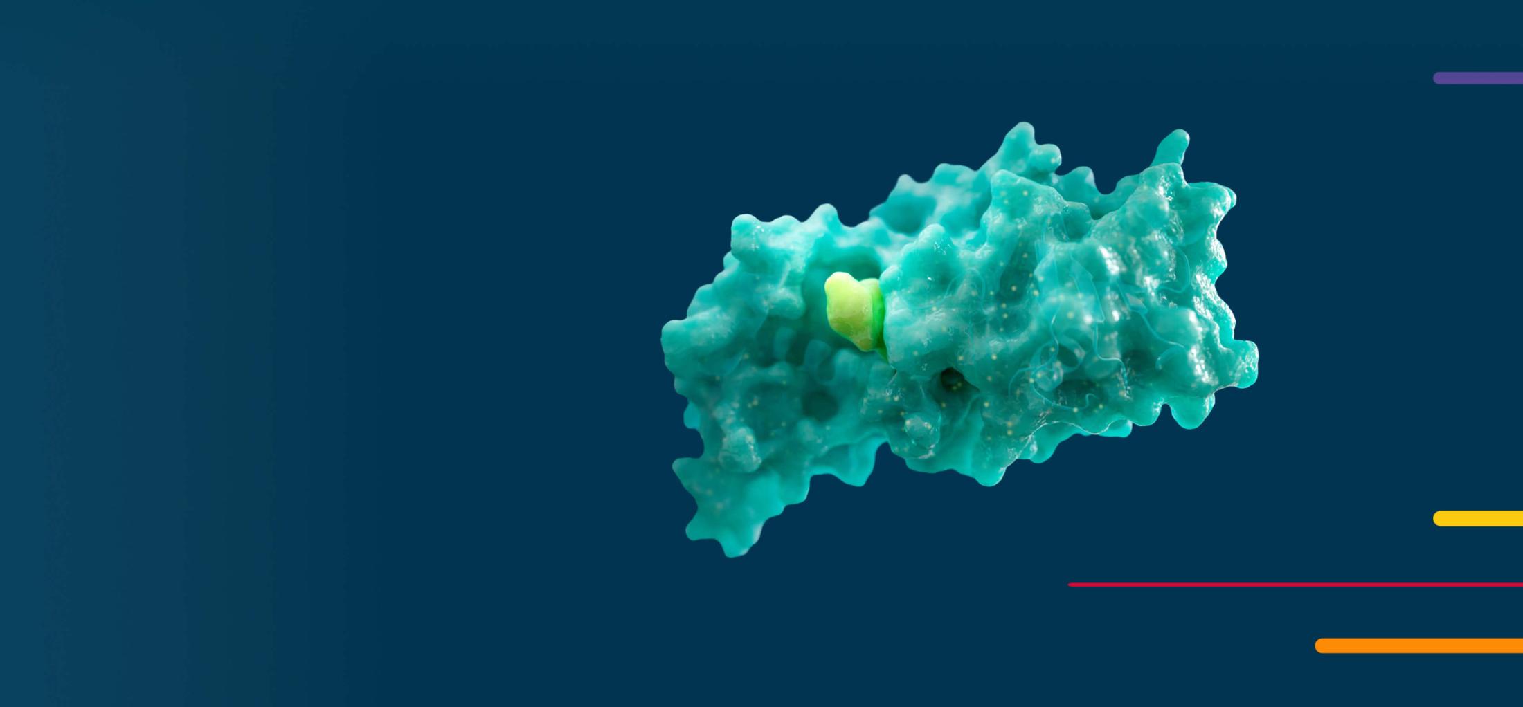 3D molecular structure with a yellow highlight on a blue background.