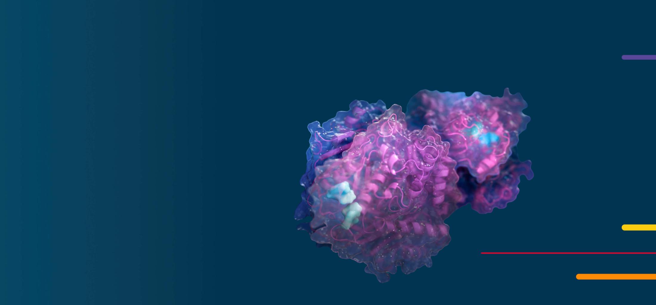 Abstract purple and blue cloud shape on a dark blue background with colored lines on the right.